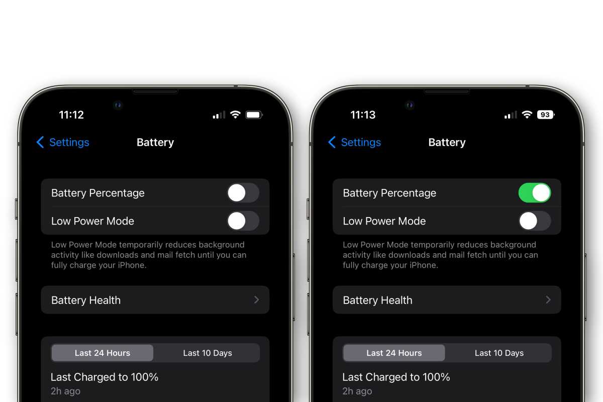 Stav baterie v iOS 16 vedle sebe